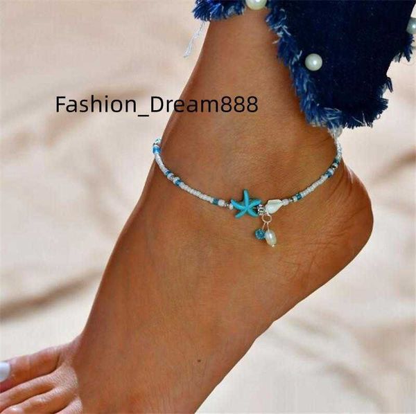 

boho freshwater pearl charm anklets women barefoot sandals beads ankle bracelet summer beach starfish beaded ankle bracelets foot jewelry gb, Red;blue
