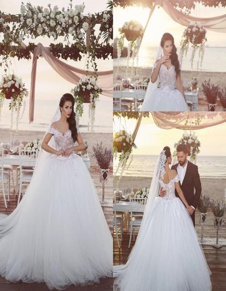 

off the shoulder v neck lace appliques ball gown wedding dresses 2021 bride gowns lace up back court train8572470, White