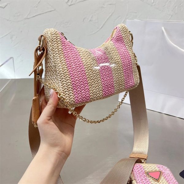 

3 in 1 raffia straw bag triangle crossbody designer bags womens pink blue black morden sacoche fashion famous beach hobo bag zipper enamel t