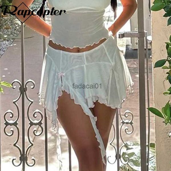 

rapcopter y2k mesh pleated skirts bow ruffles mini skrits white fairycore chic summer beach holiday outfits korean chic skirts l230621, Black