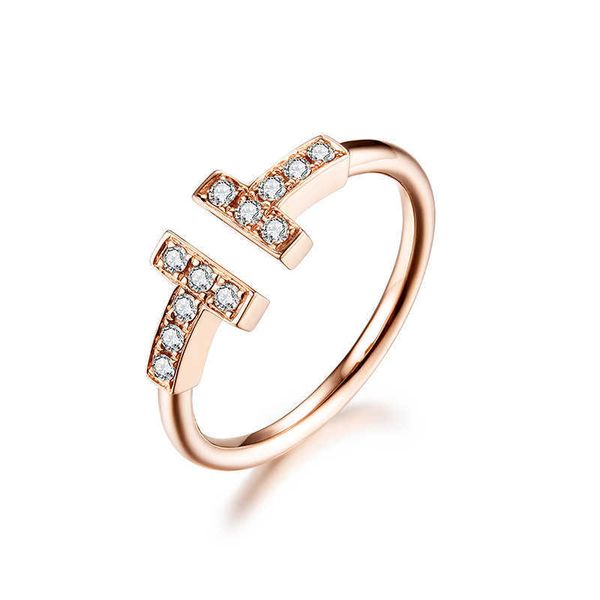 

new korean double t letter open ring layer diamond inlaid smooth silver versatile fashion adjustable with logo