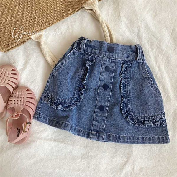 

2022 new summer girls skirts casual kids denim skirt baby clothing ruffles pockets kids girls jean skirts toddler girls clothes l230621, Black