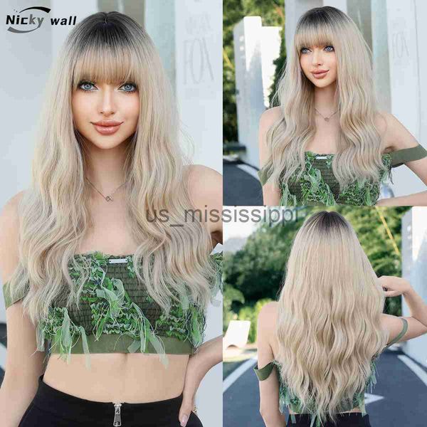 

cosplay wigs long wavy synthetic wig with bangs dark roots ombre ash blonde wigs for women natural wig heat resistant fake hair daily use x0, Black