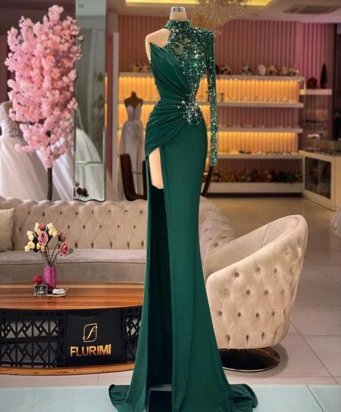 

dark green beaded prom dresses high neck side split mermaid beading sequined women gowns satin formal evening dress6099478, Black