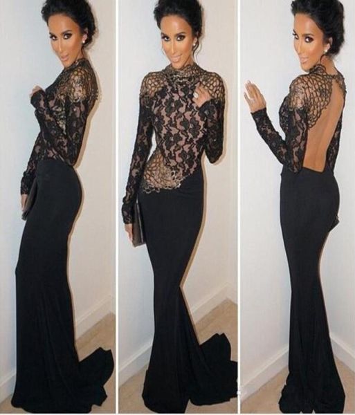 

high neck long sleeve eveing prom dresses mermaid black sheer crew hollow backless sweep train party evening gowns plus s2394956, Black;red