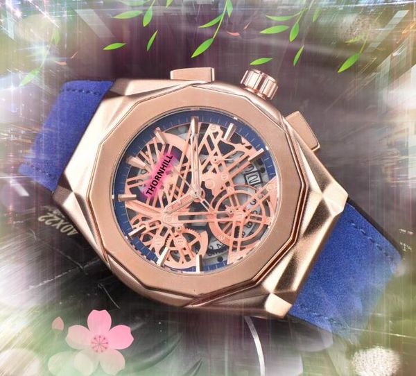 

popular mens hollow skeleton dial designer watches satch 43mm leather belt clock quartz movement chronograph vintage appearance fine watch m, Slivery;brown