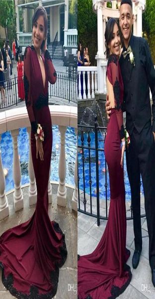 

burgundy mermaid prom dresses long v neck lace applique long sleeves floor length satin formal dress evening gwons vestido de1868213, Black