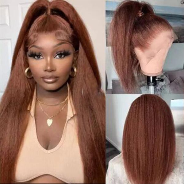 

synthetic s soft yaki 26 inch kinky straight lace front for women long natural brown hair heat resistant glueless daily wear 230629, Black