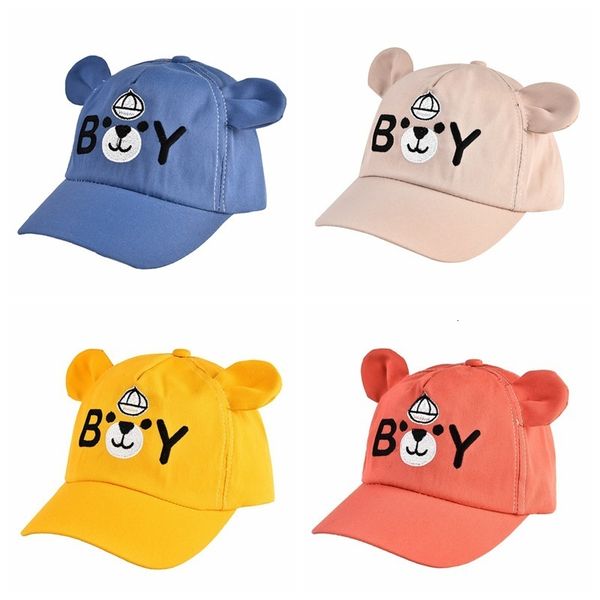 

caps hats summer baby baseball hat cartoon bear boy girl peaked cap with ears solid color letter kids sun gorras 230628, Yellow