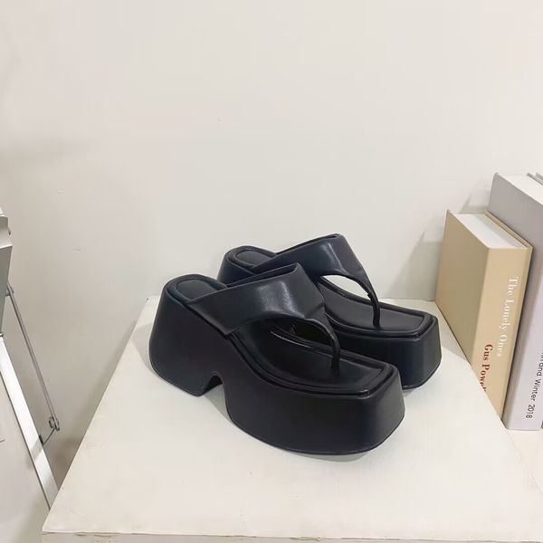 

platform sandals cool summer cowhide rubber outsole heel height 9.5 cm, Black