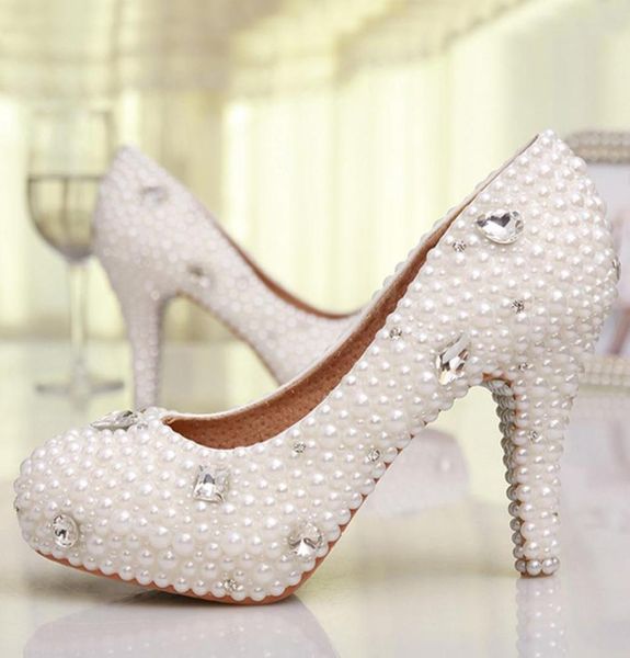 

fahion handmad 3 inches high heel platform wedding shoes elegant pearl bridal shoes white genuine leather women prom pumps7157906, Black