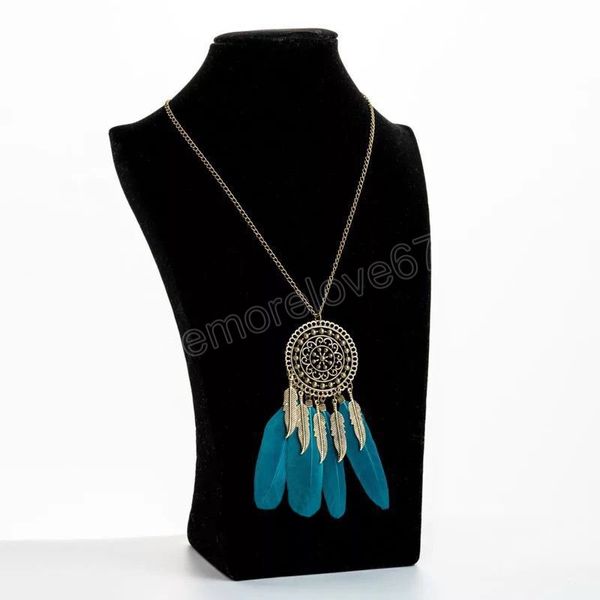 

boho chain long feather necklace for women metal tassel geometric hollow round antique bronze color vintage necklaces jewelry, Silver