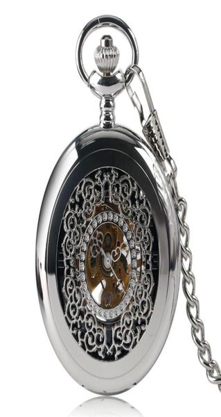 

classic silver mechanical hand winding pocket watch men women carving grilles hollow pendant fashion chain steampunk gift t2005024604328, Slivery;golden