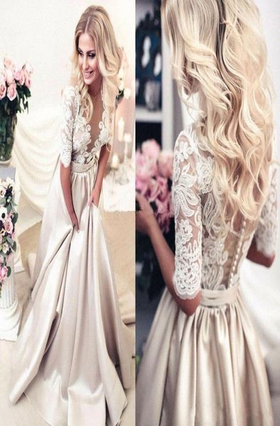 

romantic v neck transparent half sleeve a line wedding dress with pockets lace satin champagne bridal gown 2019 custom made a4623524, White