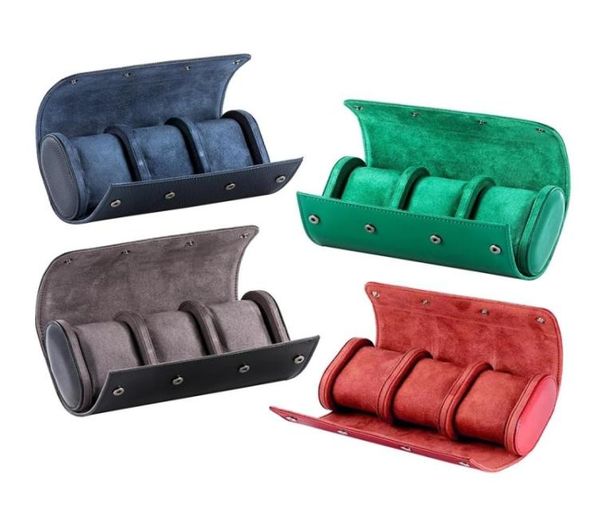 

3 slots portable watch storage box chic vintage leather watches roll travel case wristwatch pouch organizer boxes gift 2208166721092, Black;blue