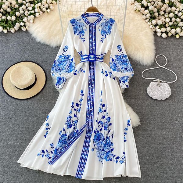 

dresses merchall retro palace style long maxi dress femme stand collar lantern sleeve singlebreasted floral print party dresses m62107, Black;gray