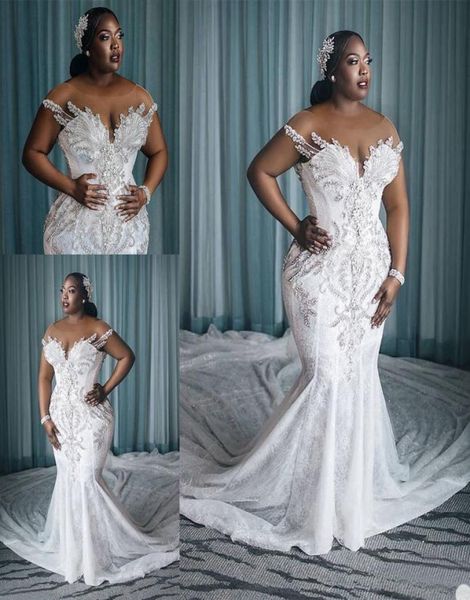 

plus size wedding dress vestido de novia african crystal mermaid bride dresses with long train sheer neck custom made bridal gowns7627698, White