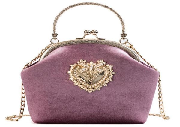 

female velvet pearl handbag shoulder crossbody bags vintage velour heart design evening bag wedding party bride clutch bag purse9032035, Black