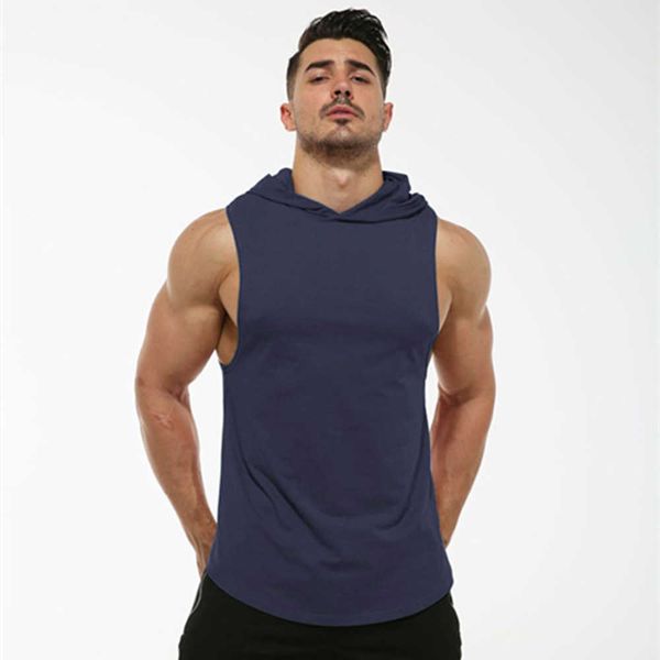 

men's fitness sweater sports hooded elastic sleeveless round hem, Black