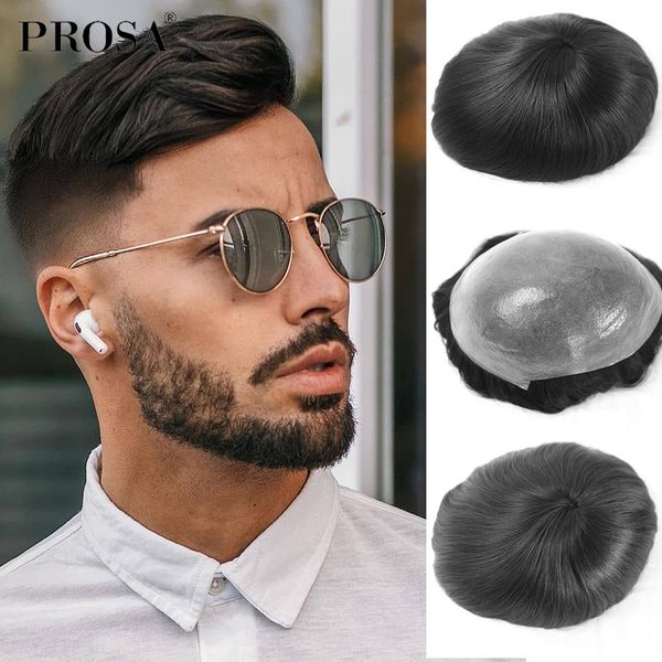 

synthetic s soft thin skin mens human hair pieces vlooped knot for men 8x10 inches men's replacement system 100 density hairpiece 23062, Black