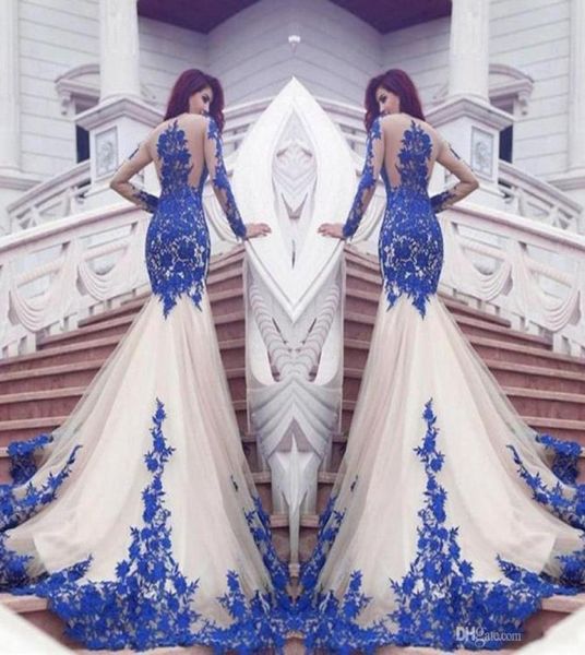 

2021 new dubai mermaid prom dresses royal blue lace appliques sheer see through back long sleeves vestios de fistea evening g9975814, Black;red