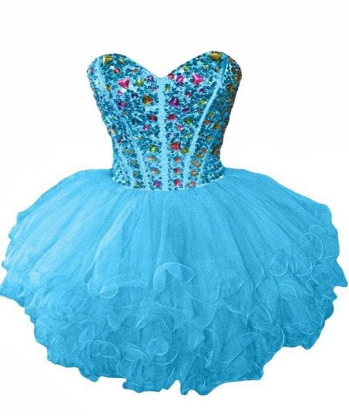 

beaded crystal organza homecoming dress with ruffles 2020 sweetheart ball gown party dress knee length prom gowns9116527, Blue;pink