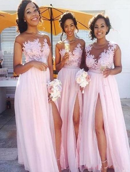 

africa country bridesmaid dresses 2020 a line side split cap sleeve appliques pink garden wedding guest gowns maid of honor dress 5213891, White;pink