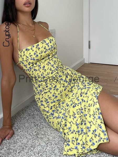 

party dresses cryptographic elegant spaghetti strap backless bandage midi dress women cottagecore floral print summer sundresses clothes x06, White;black