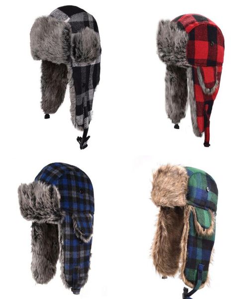 

outdoor hats woolen hat plaid thickened earmuffs winter cap beanie bomber cycling skiing skating faux fur earflap snow caps3187882, Black;white