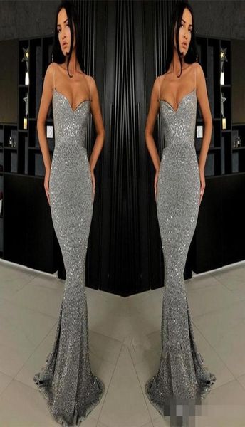 

sparkly silver grey sequins prom dresses long mermaid with spaghetti straps 2019 custom made plus size evening formal wear party g2315047, Black
