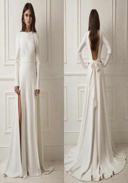 

2018 dream lihi hod country wedding dresses backless sweep train simple long sleeve bridal dress popular satin plus size wed9045740, White