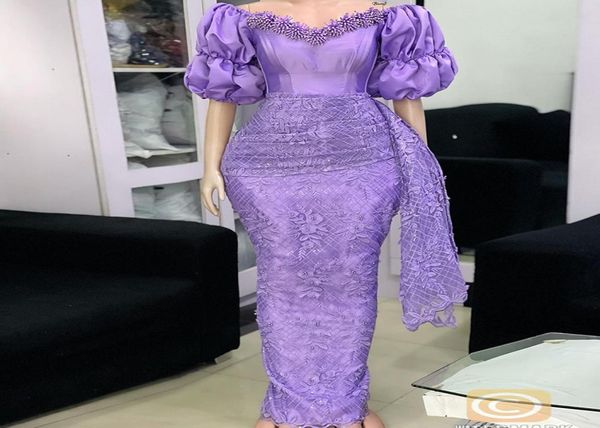 

aso ebi evening dress mermaid off shoulder 2022 short sleeves lavender lace appliques prom dresses for women party9384844, Black;red