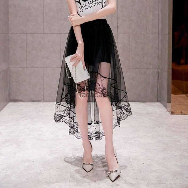 

women girls summer high waist layered sheer mesh swallowtail midi long skirt asymmetric scalloped lace hem pleated party dress l230621, Black