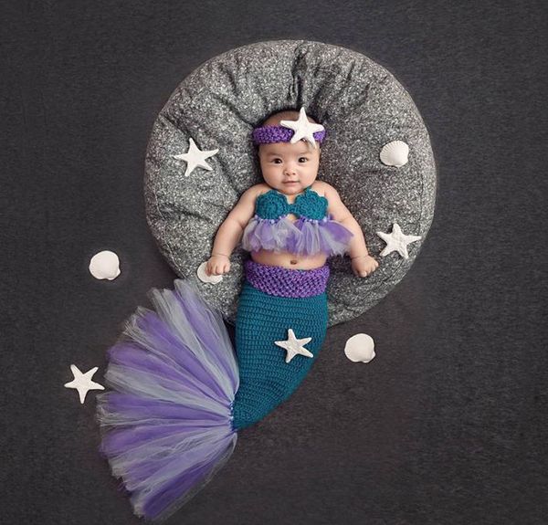 

2019new baby girl knitted mermaid costumes tutu mesh lace mermaid tail clothing newborn bebe pography props starfish headbandmx6796206, Yellow