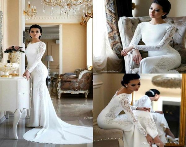 

o neck lace sheath bohemia wedding dresses long sleeves satin applique plus size modest arabic wedding bridal gowns bc26854616882, White