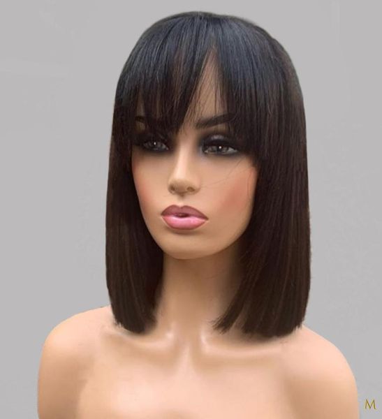 

13x4 straight bob fringe wig with bangs short lace front human hair wigs remy brazilian 130 150 density middle ratio bleached6240428, Black