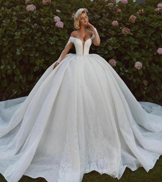 

2021 luxury arabic style off the shoulder wedding dress lace appliques sequined bridal gowns saudi dubai plus size vestido de novi3081128, White