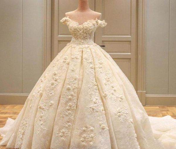 

vintage off the shoulder lace wedding dresses 3dfloral appliques pearls laceup back bridal wedding ball gowns vestidos de 9985527, White