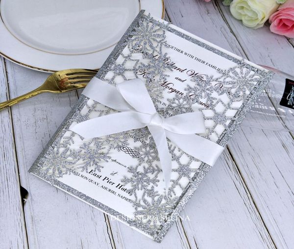 

silver snowflake laser cut wedding invitations with ribbon glittery invitation cards for bridal brunch quinceanera birthday party 7782845, Black