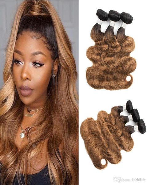 

1b 30 ombre golden brown hair weave bundles brazilian virgin body wave hair 3 or 4 bundles 1024 inch remy human hair extensions8767400, Black
