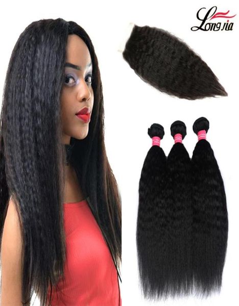 

peruvian kinky straight hair weave bundles with closure 100 human hair 3 bundles with lace closure yaki straight hair29395305121751, Black