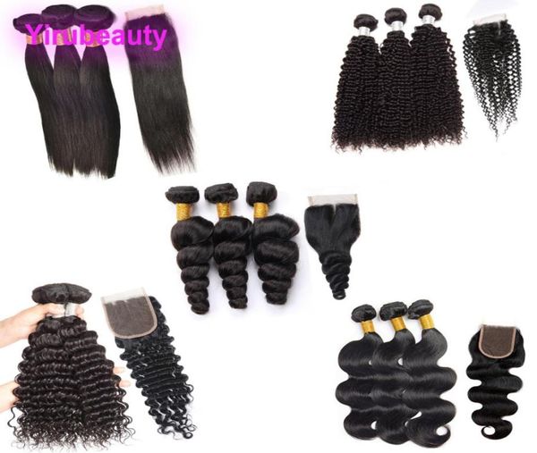 

brazilian virgin hair yirubeauty body wave 3 bundles with 4x4 lace closure straight deep curlys loose wave kinky curly human hair 7551248, Black;brown