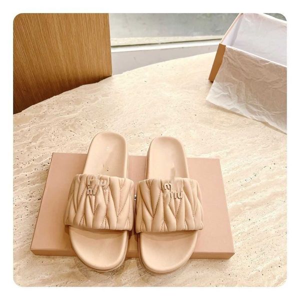

women designer mius slide beach sandals genuine shoes leather high-end soft sole comfortable style word flip flop fashionable label versatil