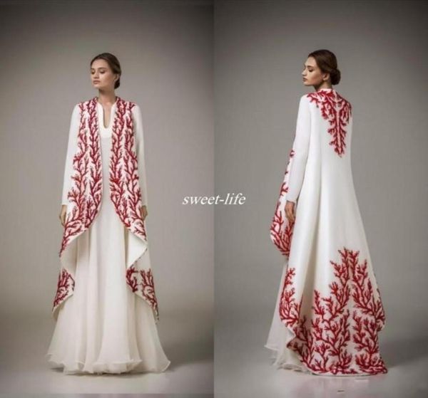

arabic kaftans traditional abayas for muslim high neck white chiffon red embroidery arabic evening gowns with coat formal mother d8029044, Black;red