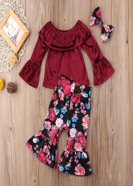 

fashion baby girl off shoulder lower bowknot bellbottomsbowknot 3pcs set oufit kids girls clothing toddler fashion boutique 2446395, White