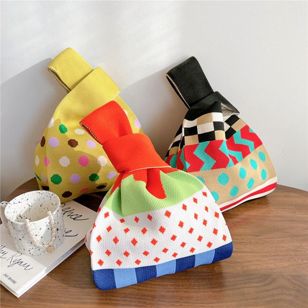 

shopping bags 2023 handmade knit reusable handbag women mini knot wrist bag japanese casual colorful polka dots tote student 230628