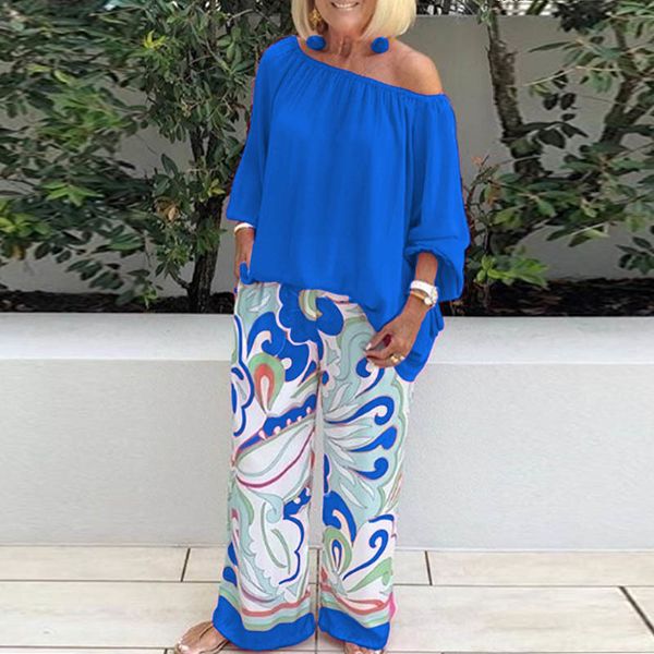 

women s tracksuits blouse suit off shoulder print two piece set lady casual autumn chiffcon pullover wide leg pant sets 230629, Gray