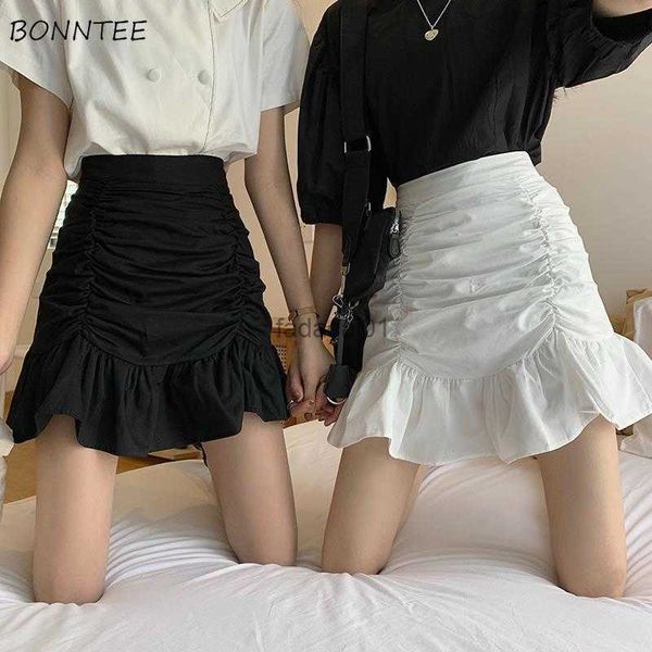 

skirts women solid aline summer mini hem ruffles new ulzzang chic ruched allmatch high waist selling lovely girls elegant l230621, Black
