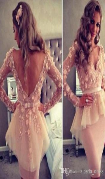 

champagne prom dresses lace 3d floral long sleeves v neck v back knee length elegant short cocktail party dress peplum evening gow9376567, Black