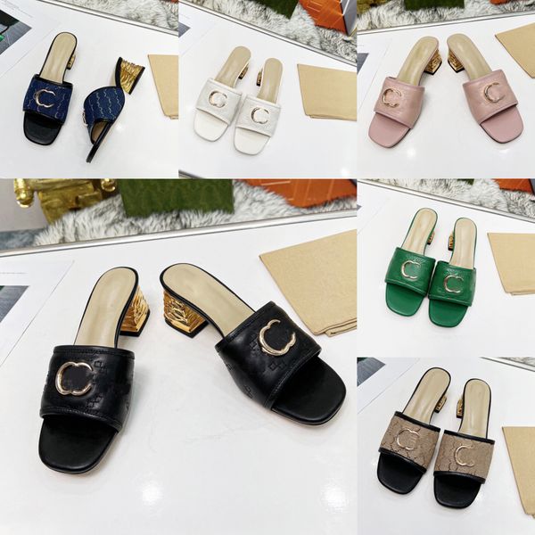 

new slippers women's fashion versatile leather classic letter logo high heels embroidered sandals outdoor solid color sizes 35-44, Black